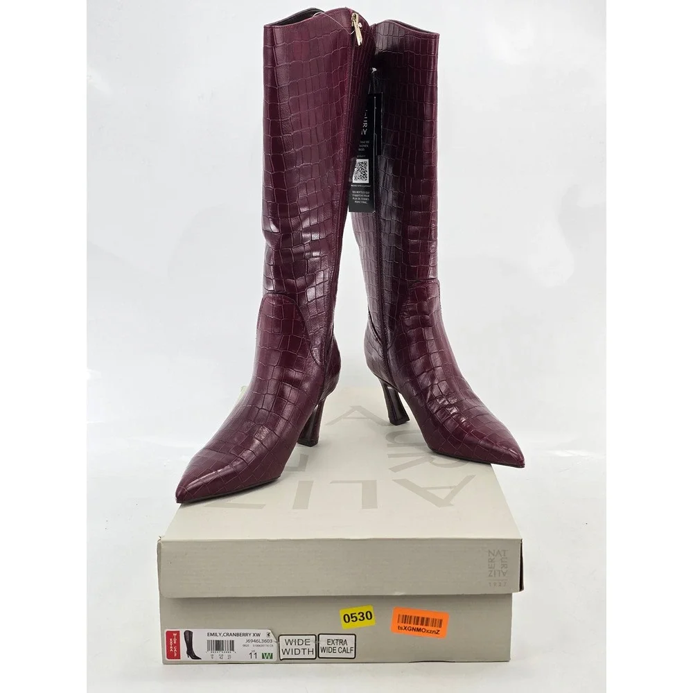 Naturalizer Emily Tall Boots Womens 11W Cranberry Croc Extra Wide Calf - NEW